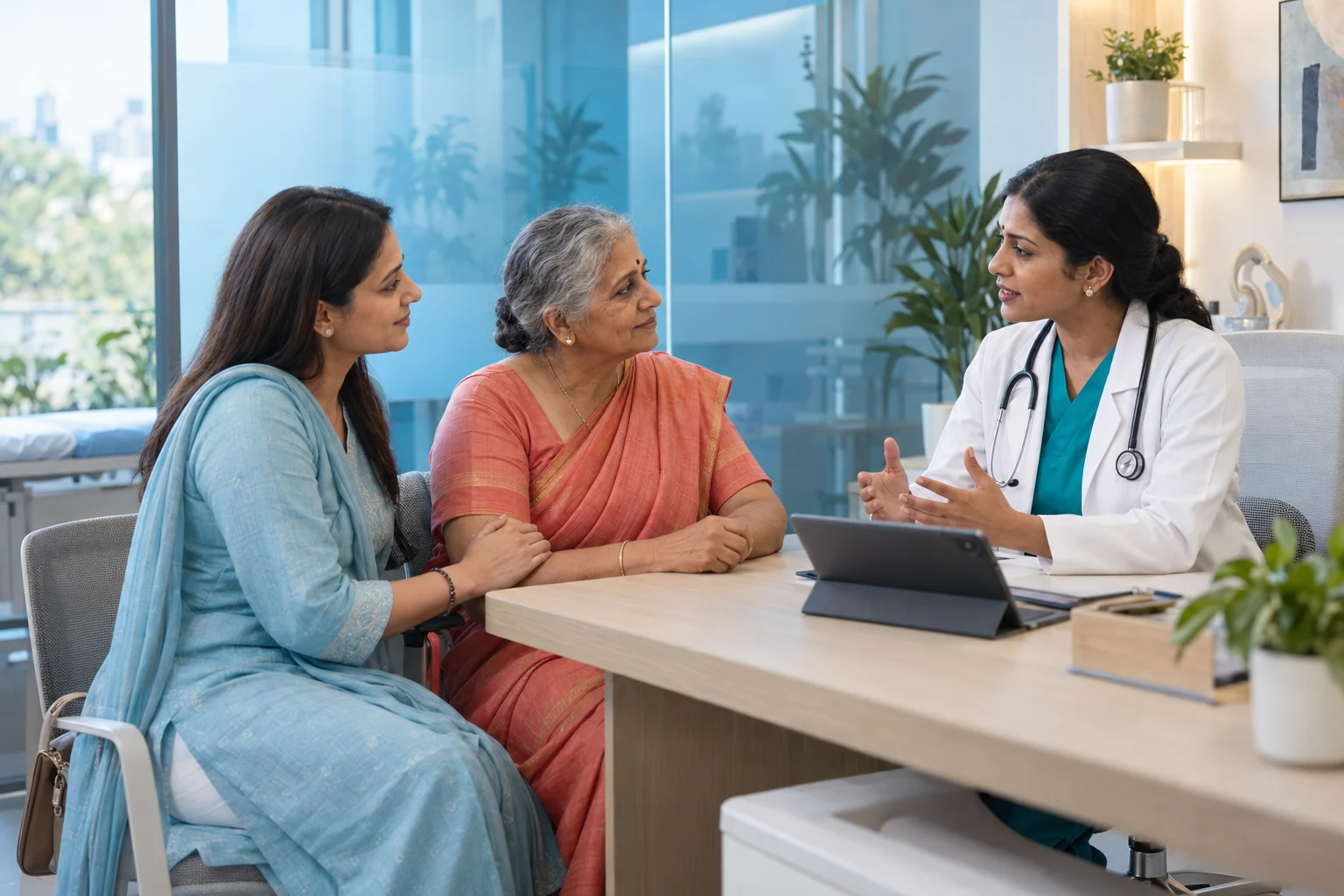 A doctor in conversation with a patient and caregiver