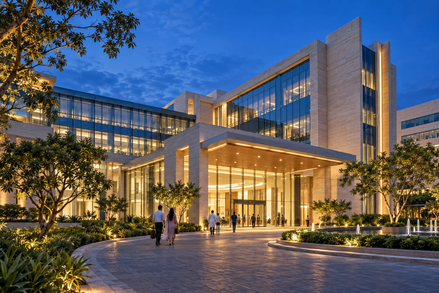 A contemporary hospital campus at dusk